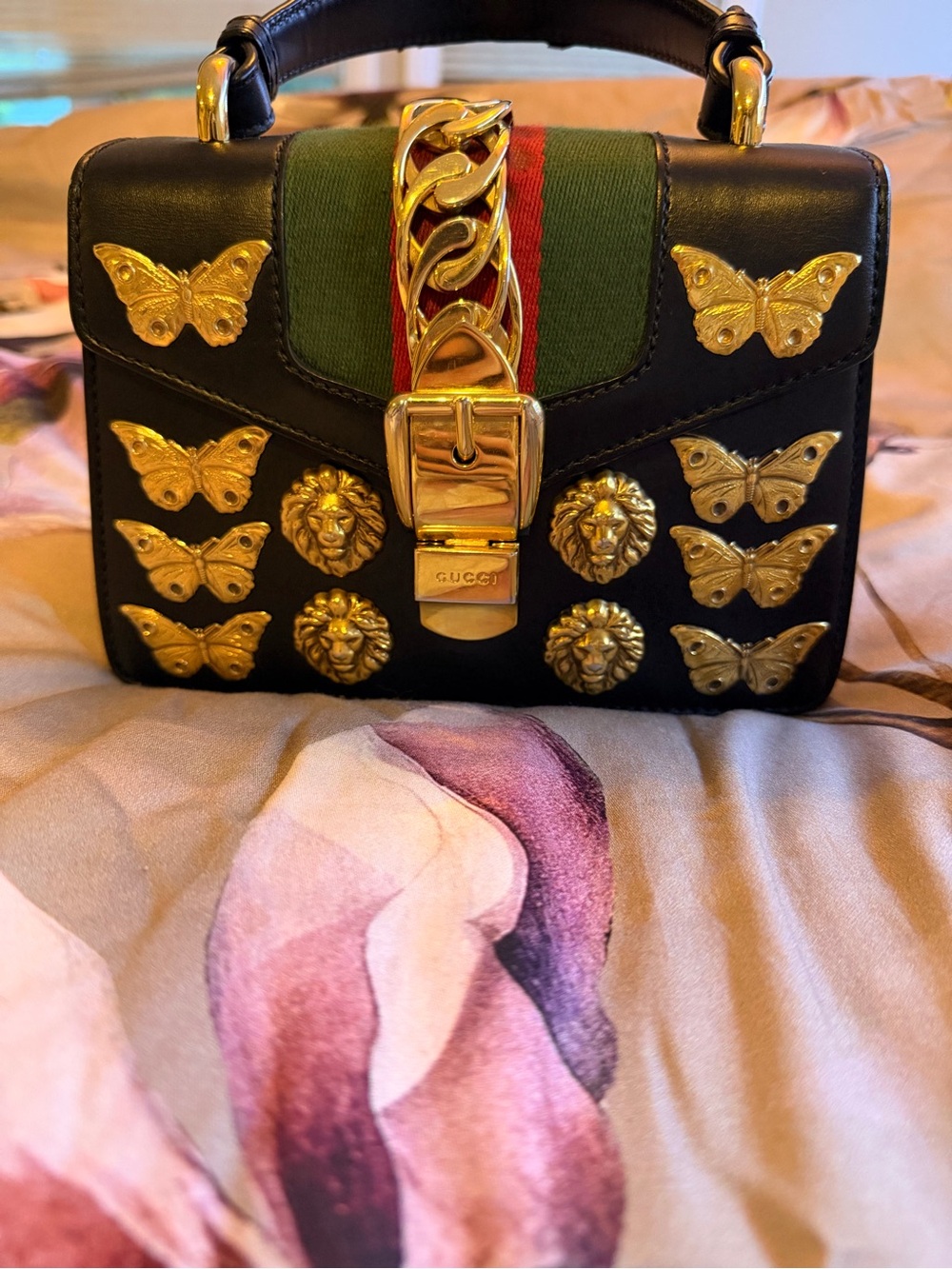 Authentic Gucci Sylvie Mini Animal Stud Butterfly Top Handle Bag Black Rare